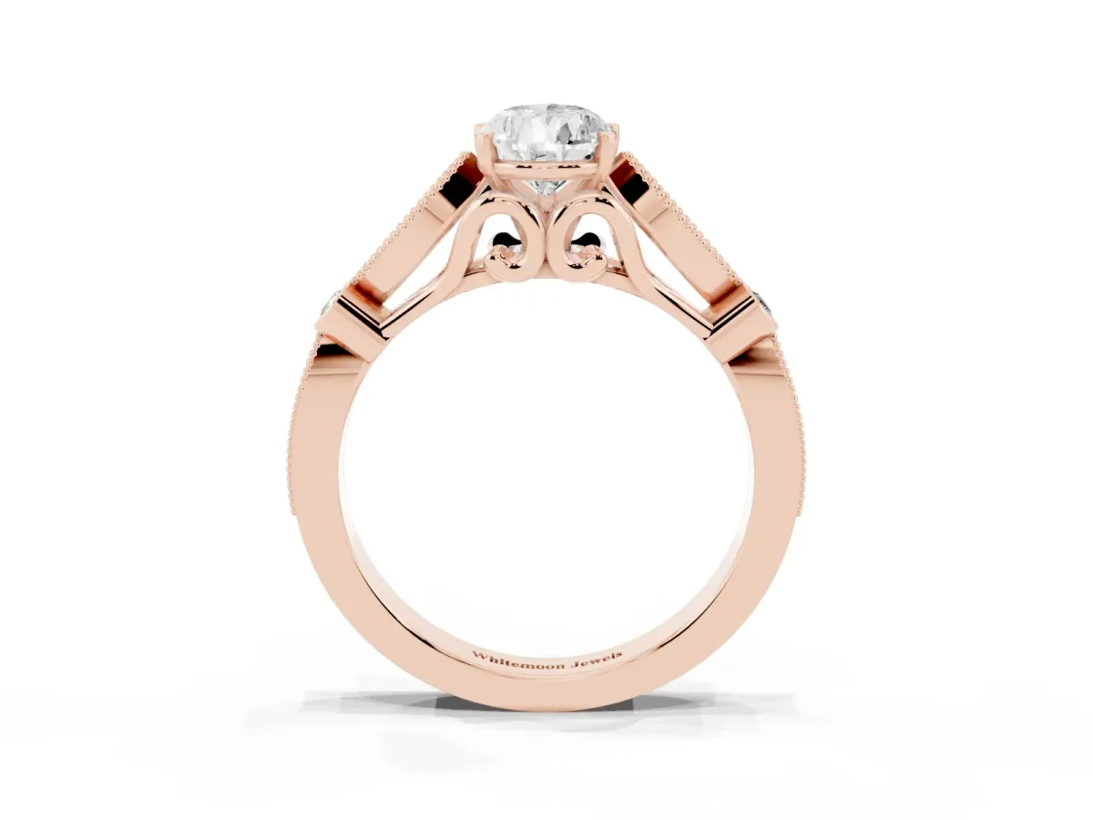 Pear Cut Cut Diamond with Milgrain Marquise and Bezel Accents on a Solitaire Band with Prong Setting Rose gold