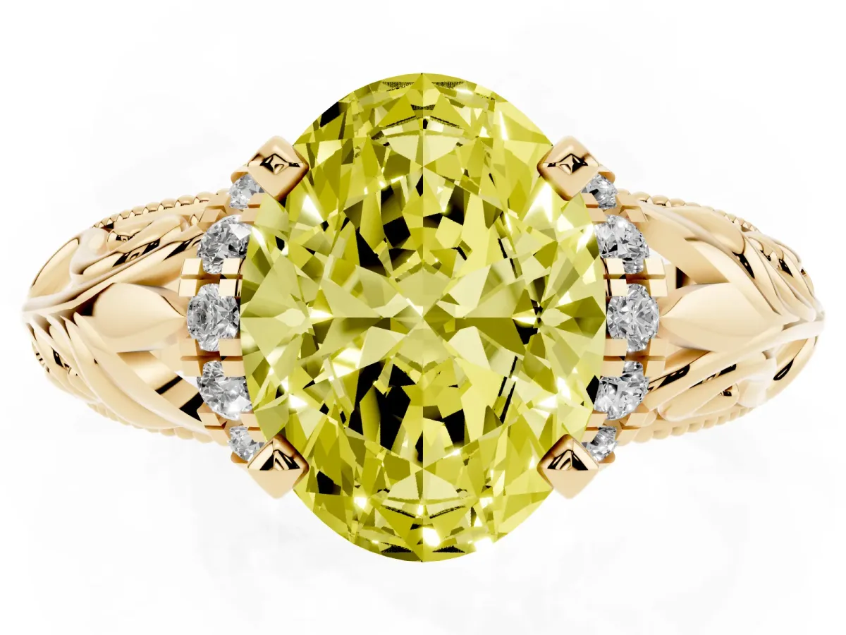 Fancy Yellow Oval Cut Solitaire Filigree Engagement Ring with Halo and Prong Setting Yellow gold