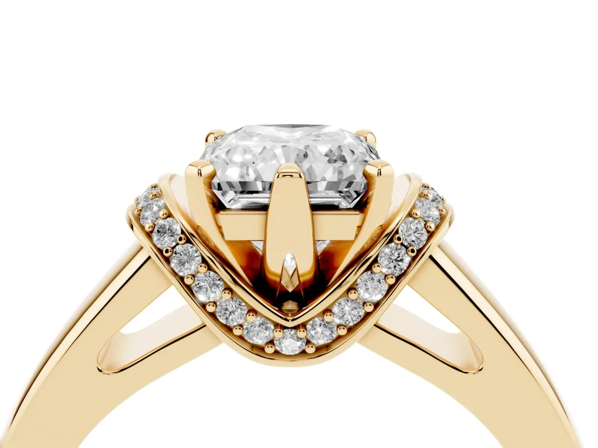 Radiant Cut Solitaire Diamond Ring with Pave Band and Six-Prong Setting Yellow gold