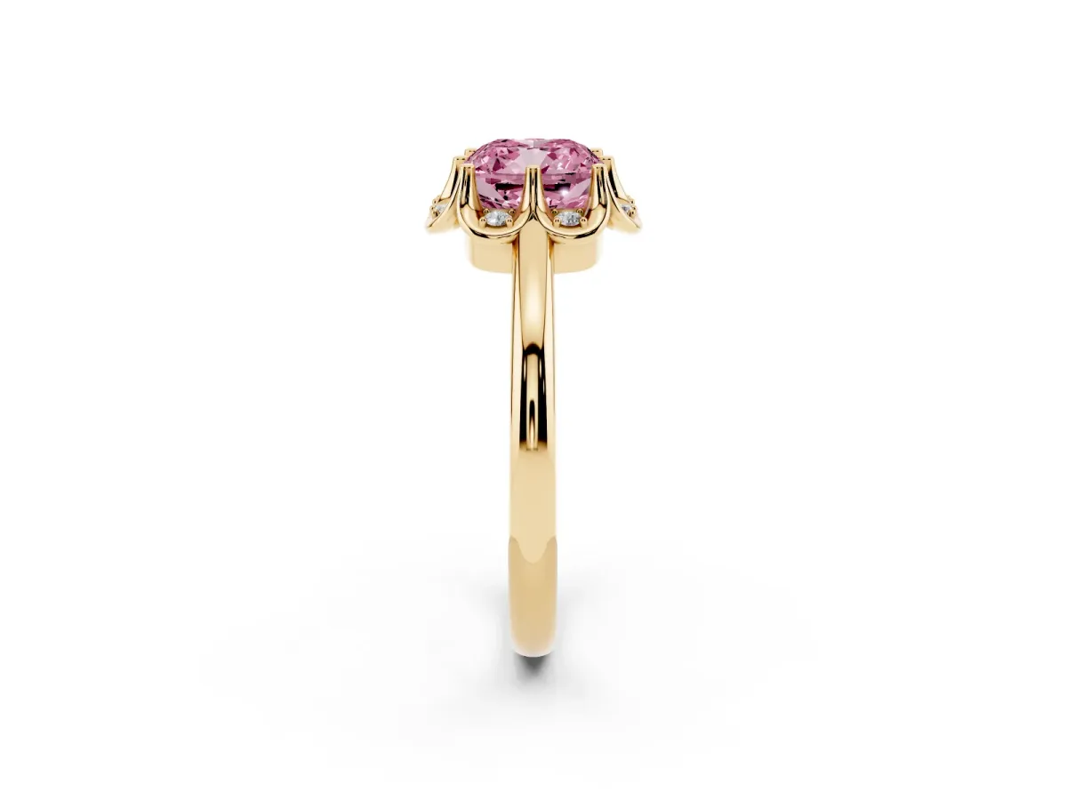 Fancy Pink Cushion Cut Halo Diamond Ring with Round Cluster Setting, Solitaire Band, and Four-Prong Setting Yellow gold