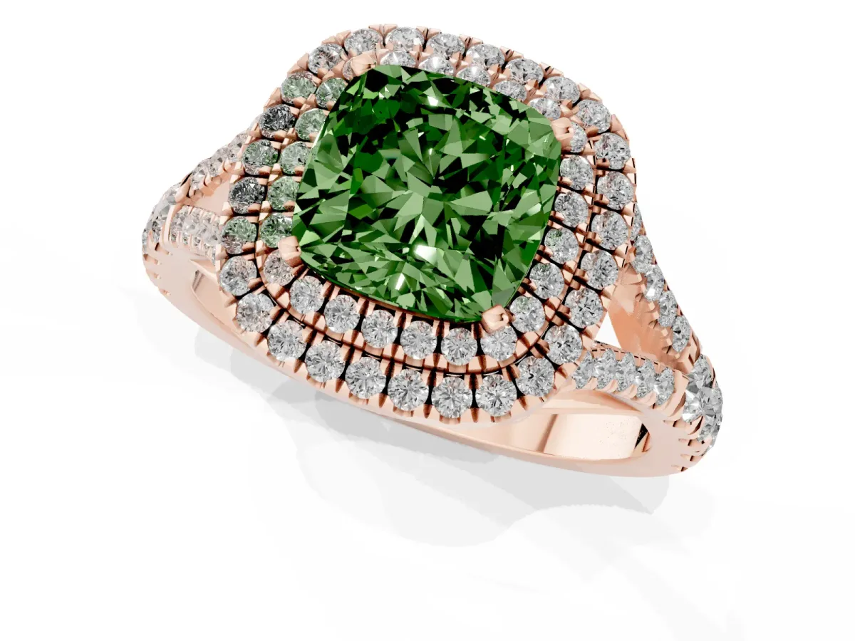 Fancy Green Cushion Cut Diamond Pavé Split Shank Double Halo Engagement Ring Rose gold