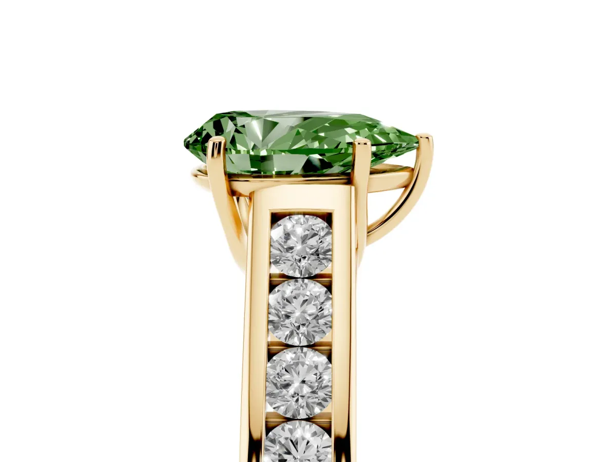Fancy Green Pear Cut Solitaire Channel-Set Diamond Engagement Ring with Four-Prong Setting Yellow gold