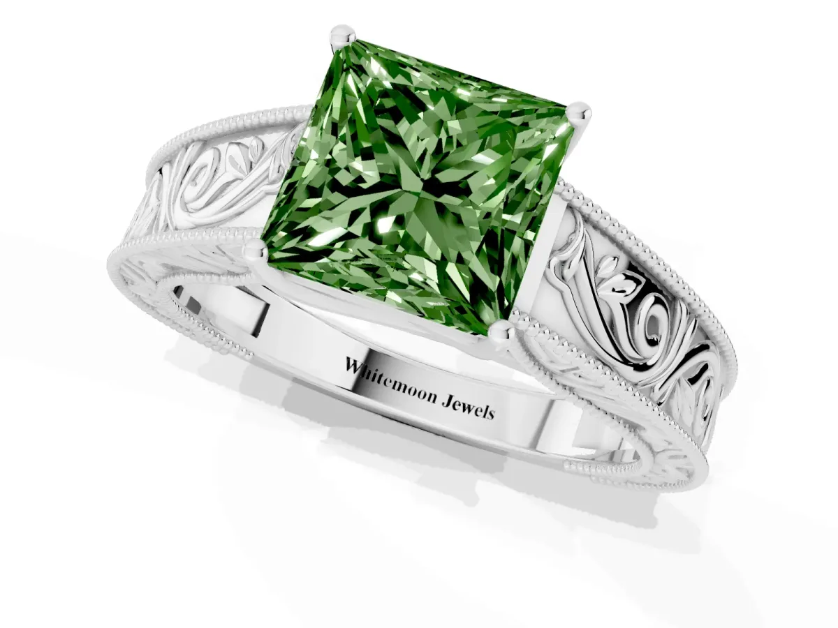 Fancy Green Princess Cut Diamond Solitaire Ring with Engraved Band and Four-Prong Setting Silver