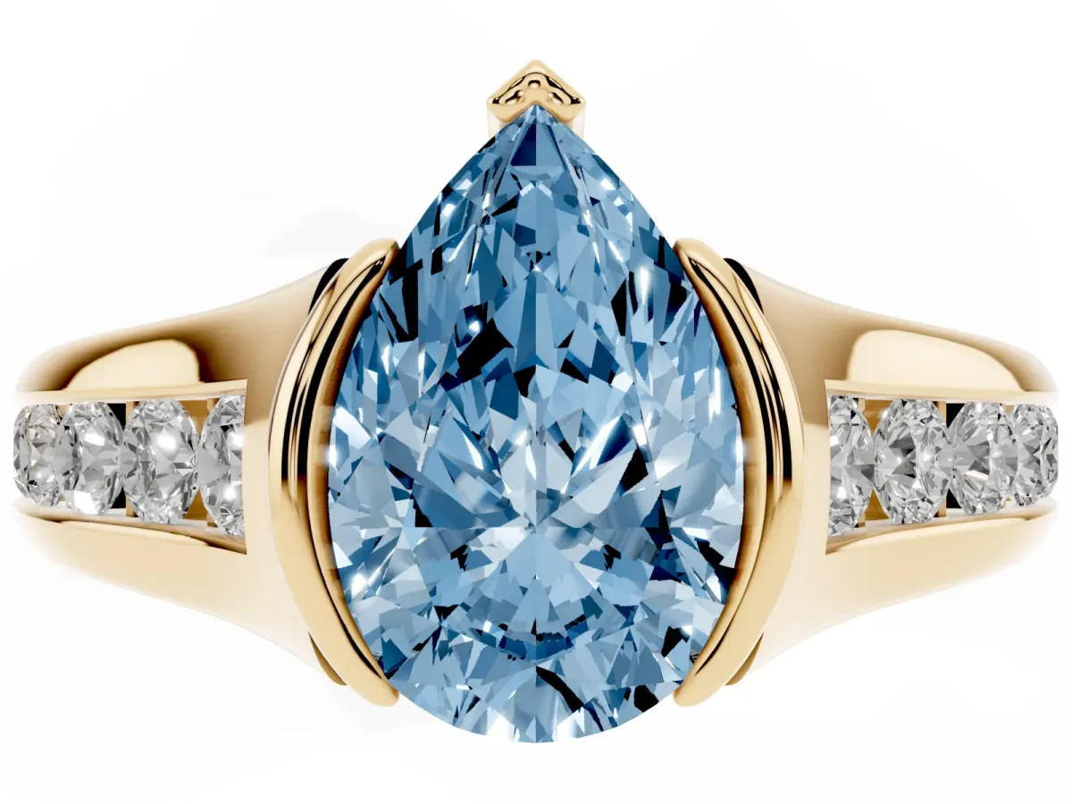 Fancy Blue Pear Cut Solitaire Bezel-Set Diamond Ring with Channel-Set Band Yellow gold
