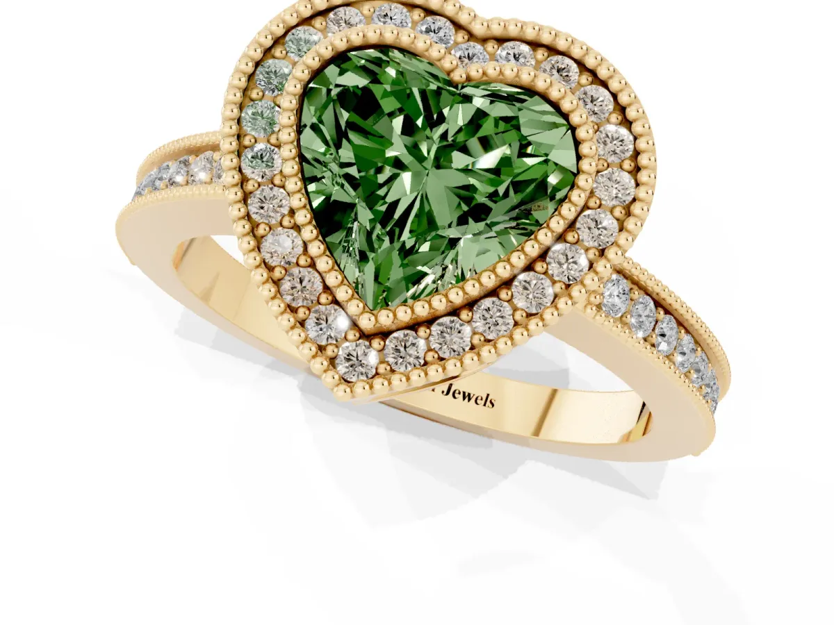 Fancy Green Heart Cut Cut Halo Diamond Ring with Pavé Band and Milgrain Prong Setting Yellow gold