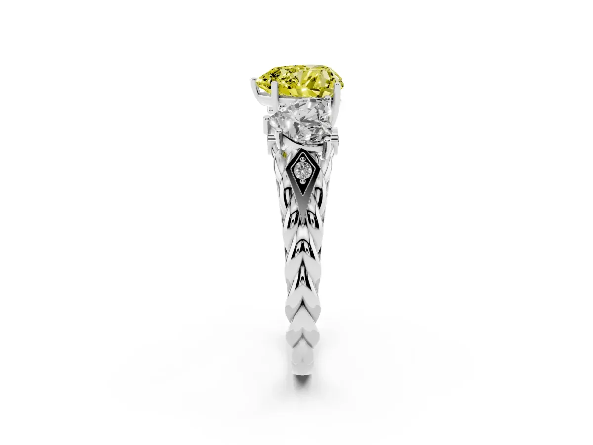 Fancy Yellow Three-Stone Heart Cut Diamond Braided Band Ring with Four-Prong Setting Silver
