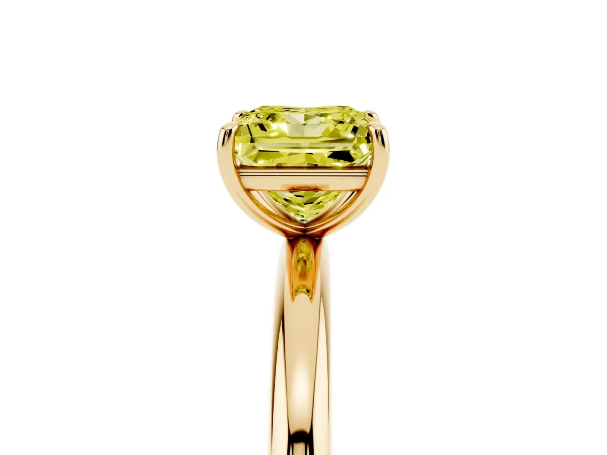Fancy Yellow Princess Cut Solitaire Diamond Ring with Four-Prong Setting on a Plain Band Yellow gold