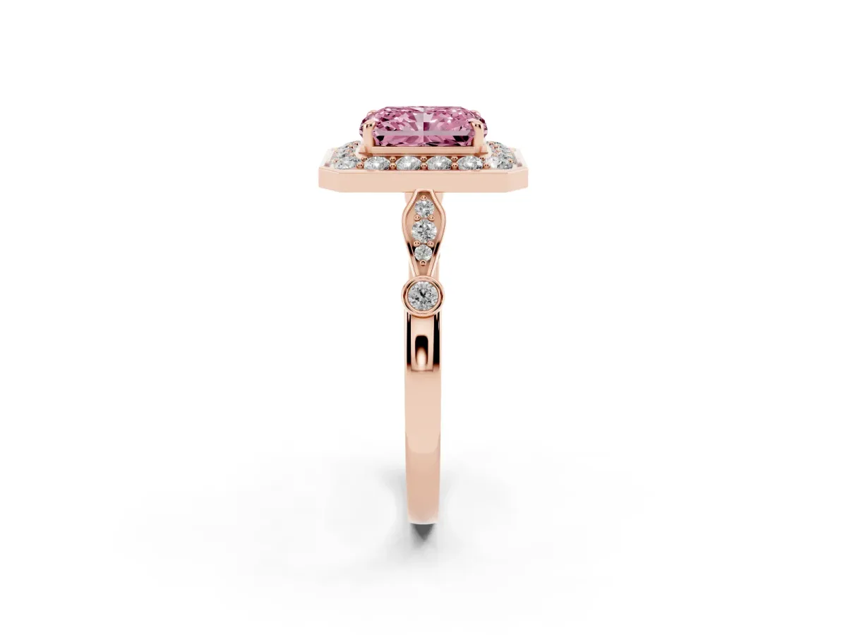 Fancy Pink Radiant Cut Halo Diamond Engagement Ring with Twisted Band and Four-Prong Setting Rose gold