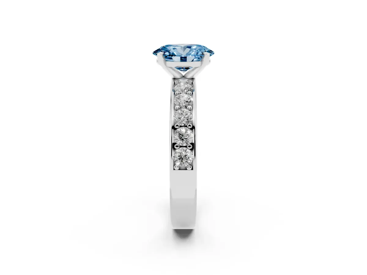Fancy Blue Oval Cut Diamond Engagement Ring with Channel Set Round Band and Prong Setting Silver