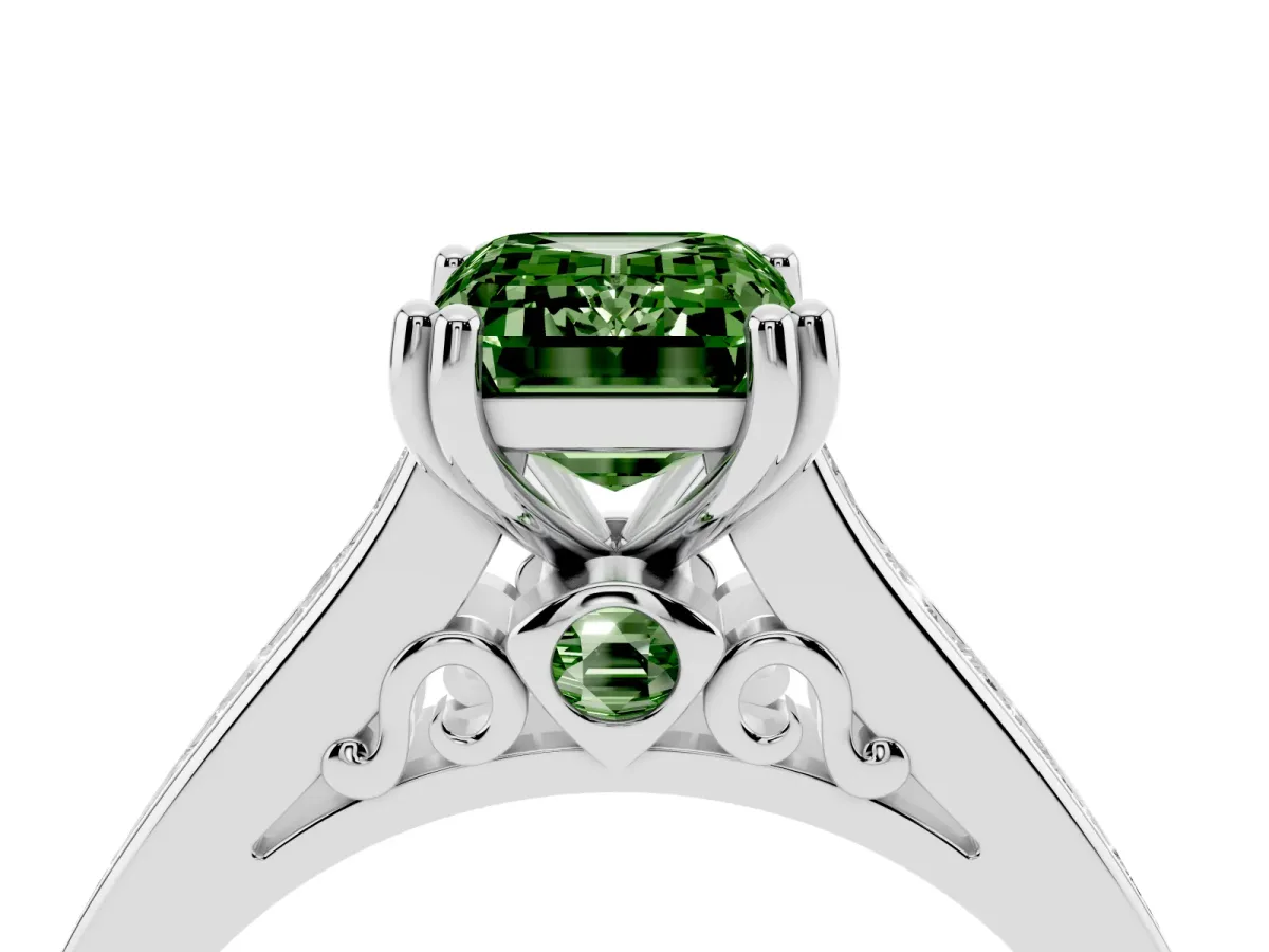 Fancy Green Emerald Cut Cut Channel Set Solitaire Engagement Ring with Prong Setting White gold