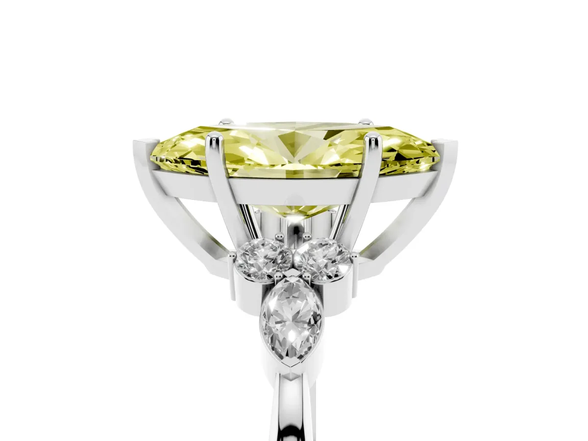 Fancy Yellow Marquise Cut Brilliant Diamond Solitaire Ring with Pear Side Stones and Four-Prong Setting White gold