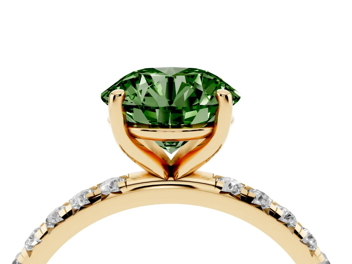 Fancy Green Round Cut Cut Diamond Solitaire Ring with Micro Pave Band and Four Prong Setting Yellow gold