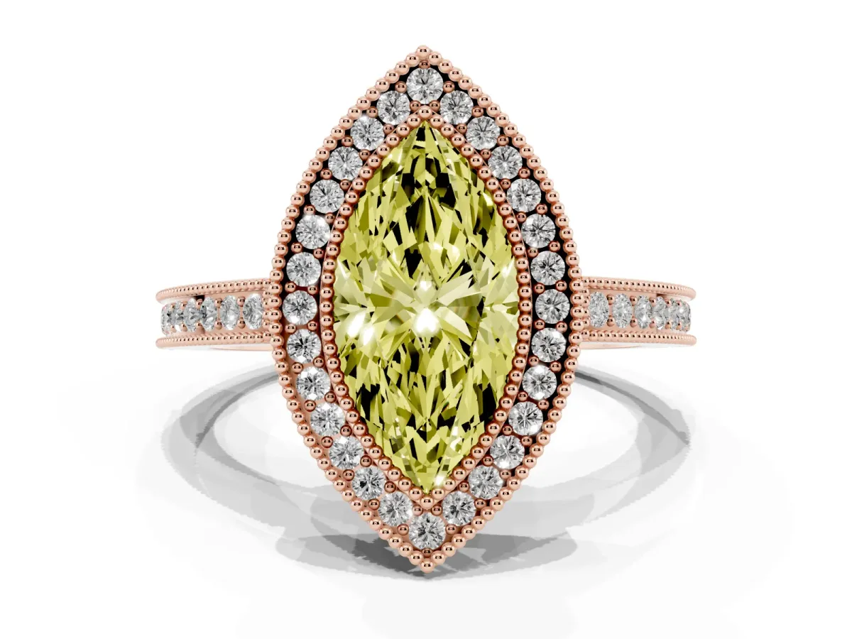 Fancy Yellow Marquise Cut Cut Halo Diamond Ring with Pavé Band and Milgrain Prong Setting Rose gold