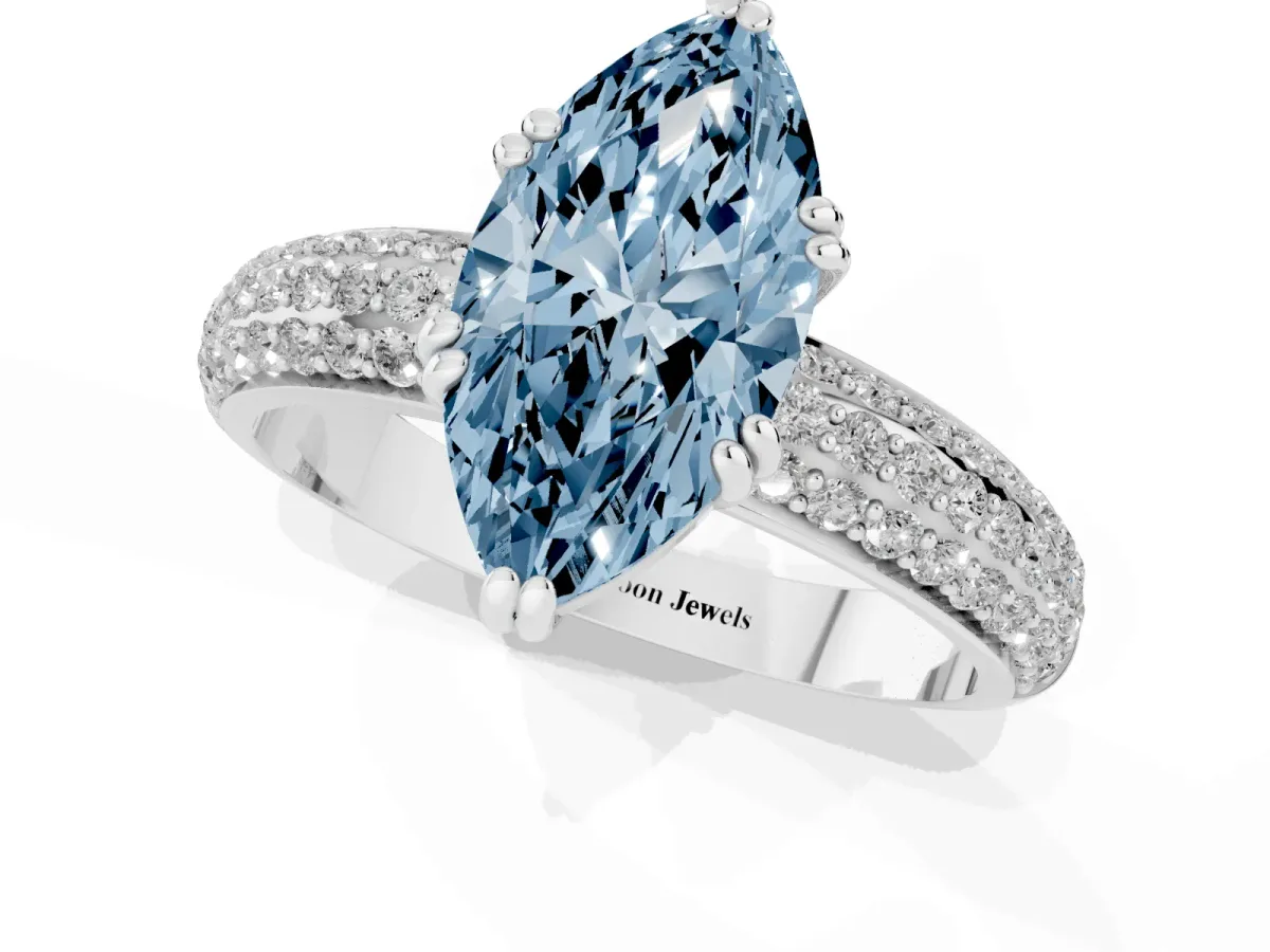 Fancy Blue Marquise Cut Diamond Solitaire Ring with Multi-Row Round Pavé Band and Prong Setting Silver