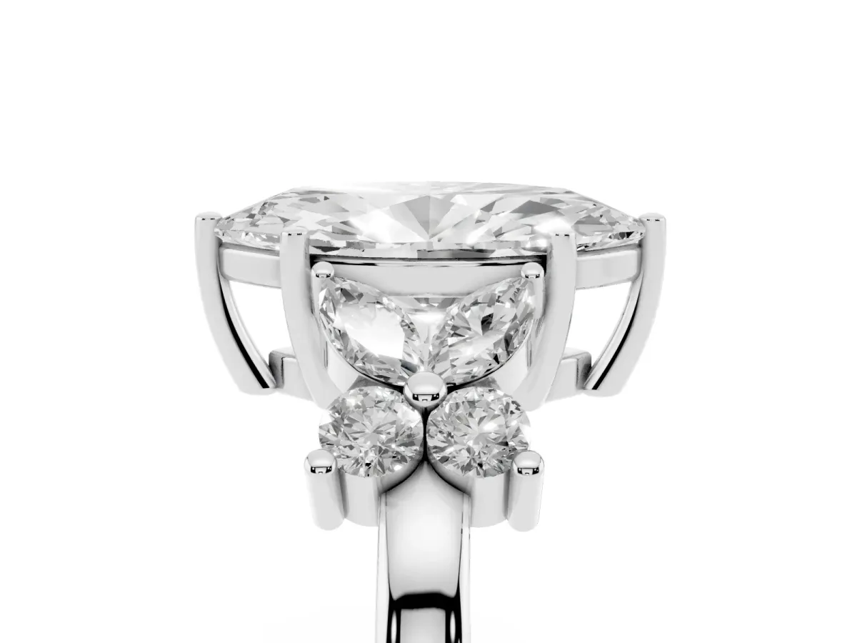 Marquise Cut Diamond Floral Cluster Ring with Solitaire Band and Prong Setting Silver
