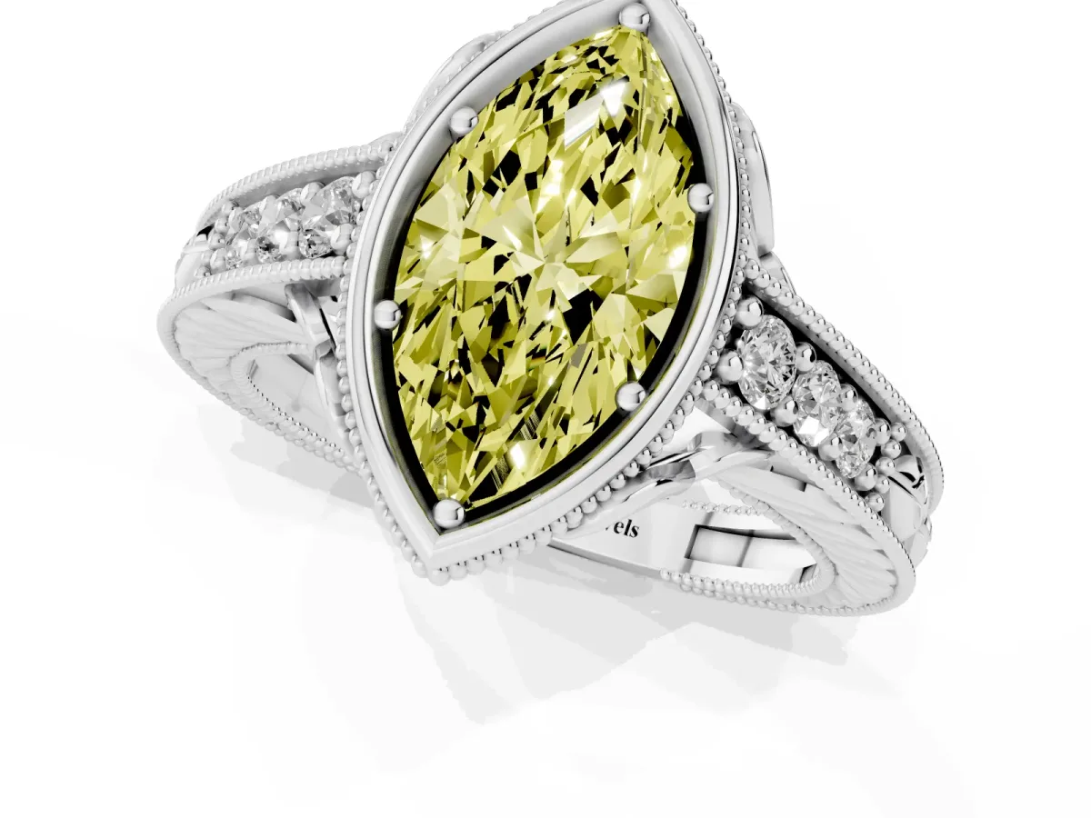 Fancy Yellow Bezel Set Marquise Cut Diamond Milgrain Pave Engagement Ring Silver