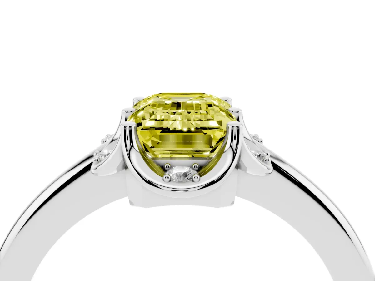 Fancy Yellow Emerald Cut Halo Diamond Ring with Round Cluster Setting, Solitaire Band, and Four-Prong Setting Silver