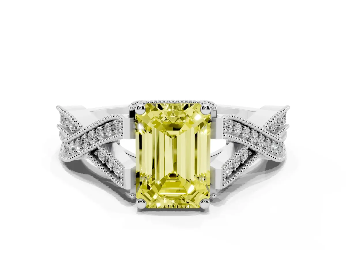 Fancy Yellow Emerald Cut Cut Diamond Twisted Band with Milgrain Pave Setting and Four-Prong Setting Silver