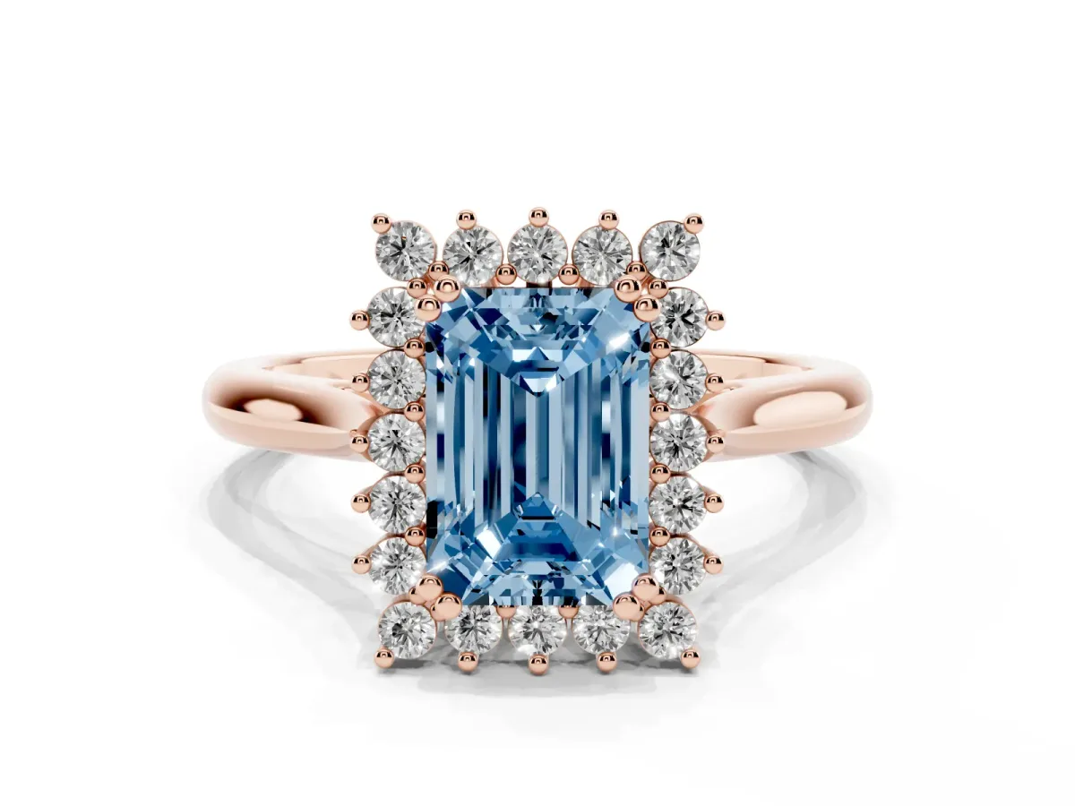 Fancy Blue Emerald Cut Cut Diamond Halo Ring with Solitaire Band and Prong Setting Rose gold