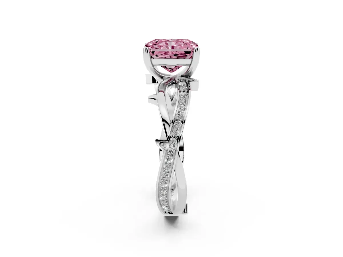Fancy Pink Radiant Cut Solitaire Twist Band with Pavé Accents and Four-Prong Setting Silver
