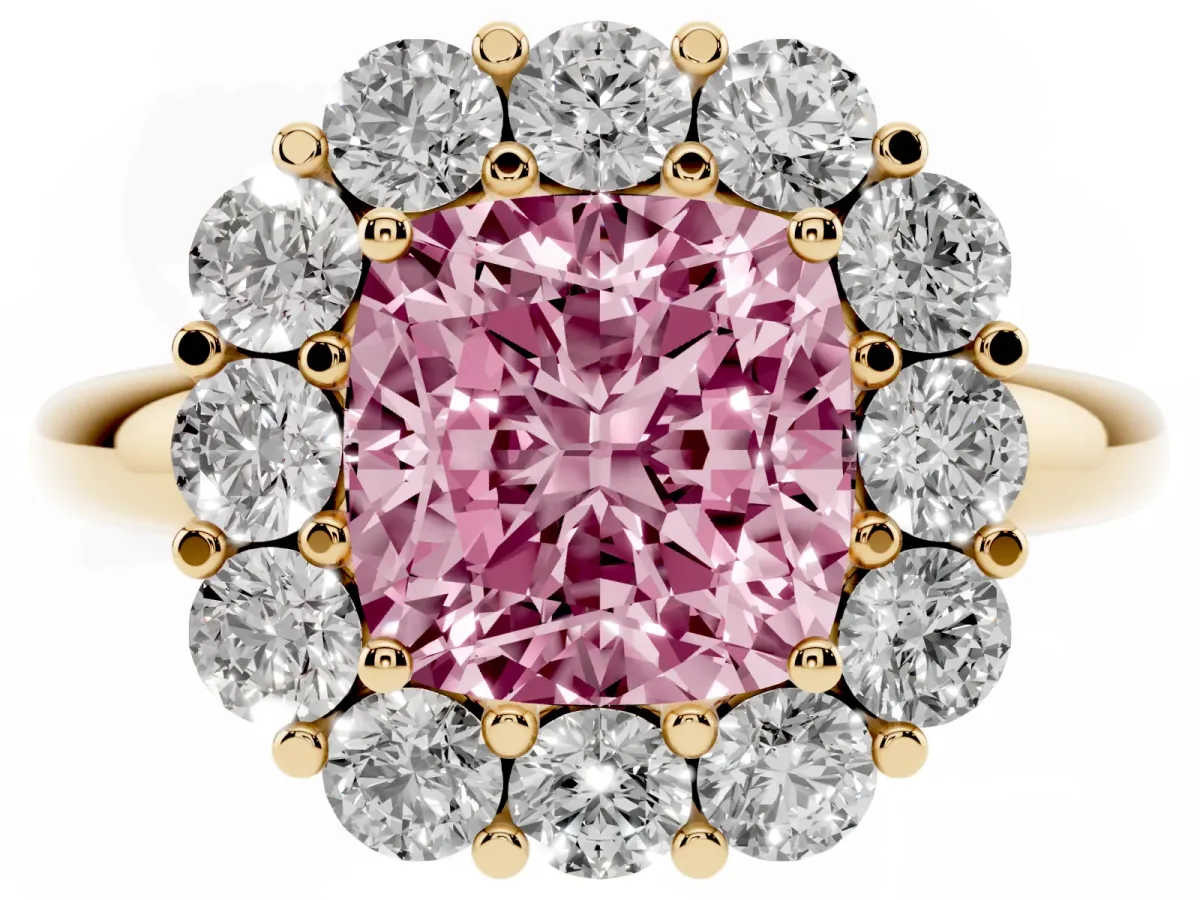 Fancy Pink Cushion Cut Halo Cluster Diamond Engagement Ring with Prong Setting and Polished Band Yellow gold