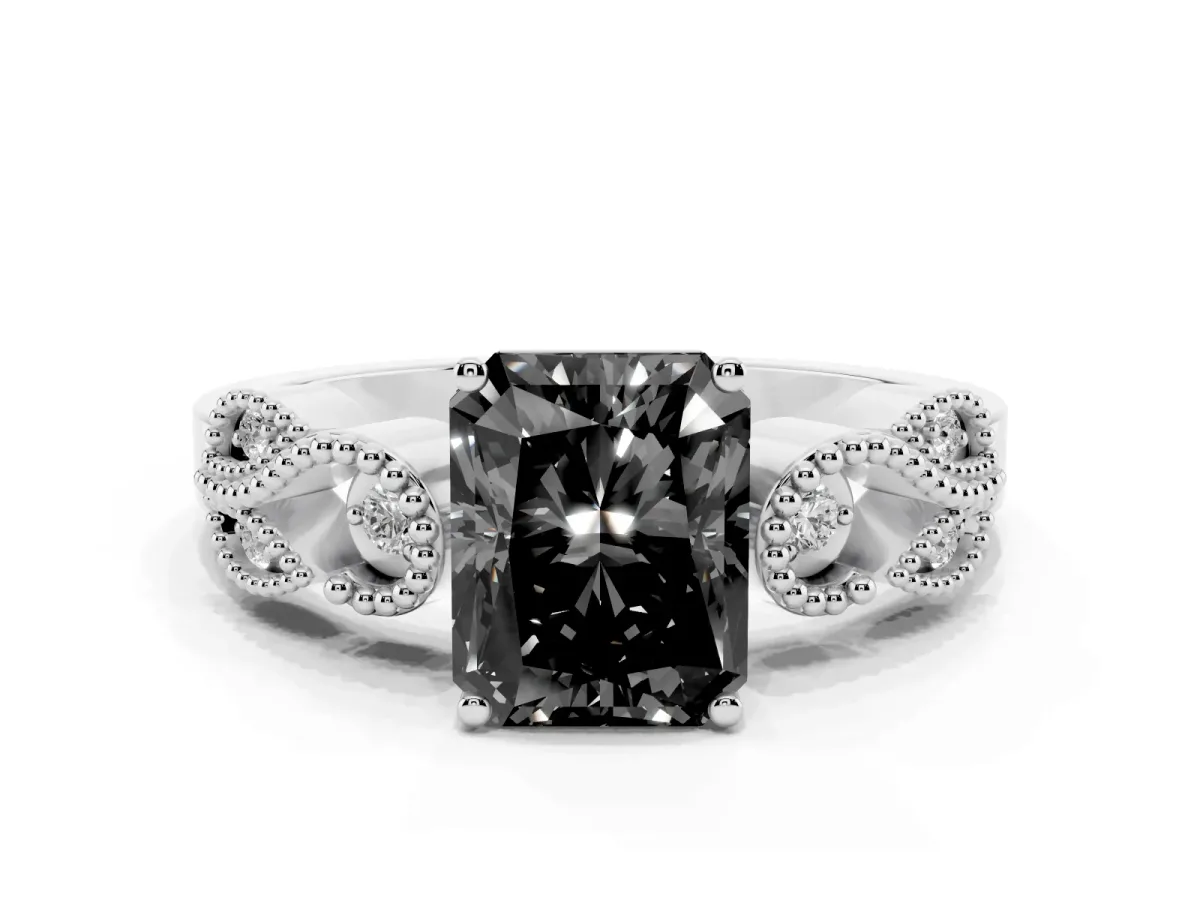Fancy Black Radiant Cut Solitaire Milgrain Leaf Band with Prong Setting Platinum