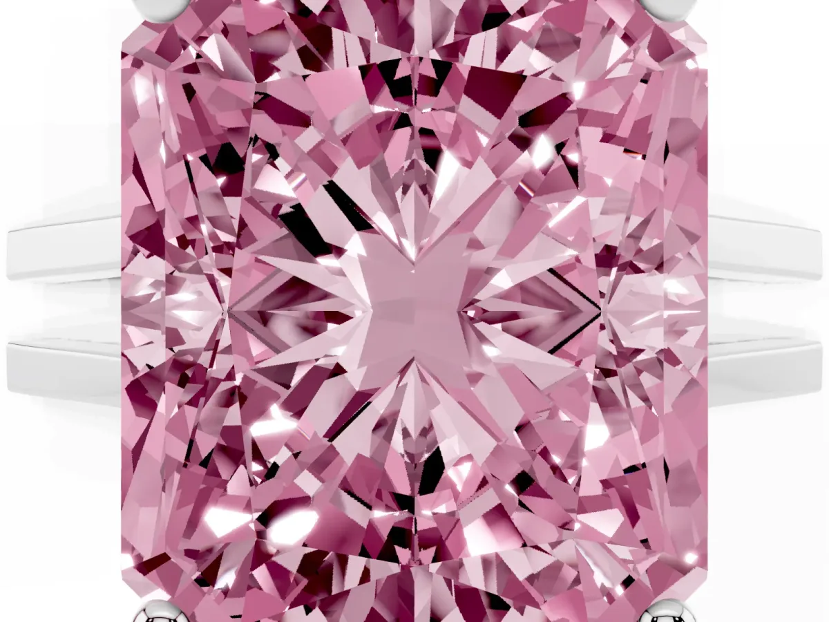 Fancy Pink Radiant Cut Cut Diamond Solitaire Engagement Ring with Tapered Plain Band and Four-Prong Setting Silver