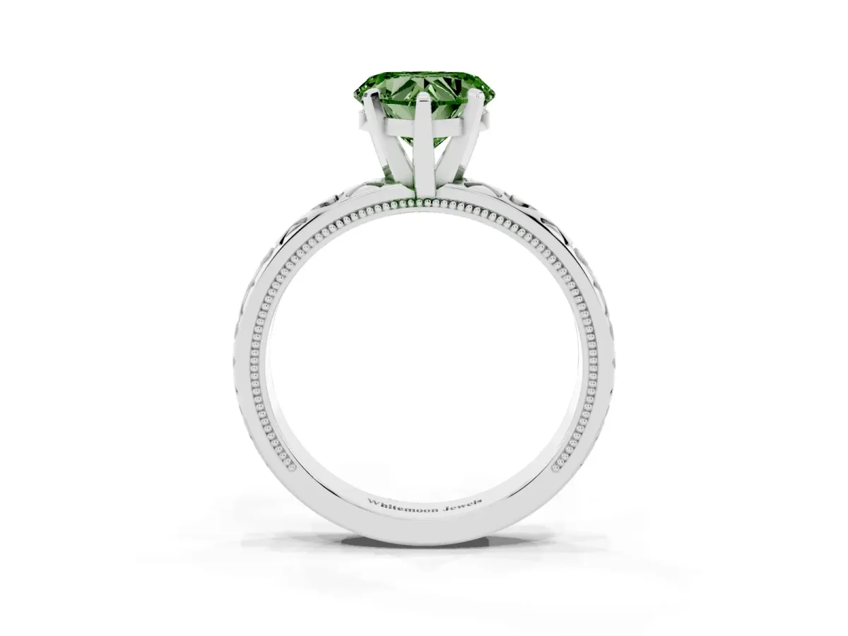 Fancy Green Heart Cut Solitaire Diamond Engagement Ring with XO Engraved Band and Four-Prong Setting Silver
