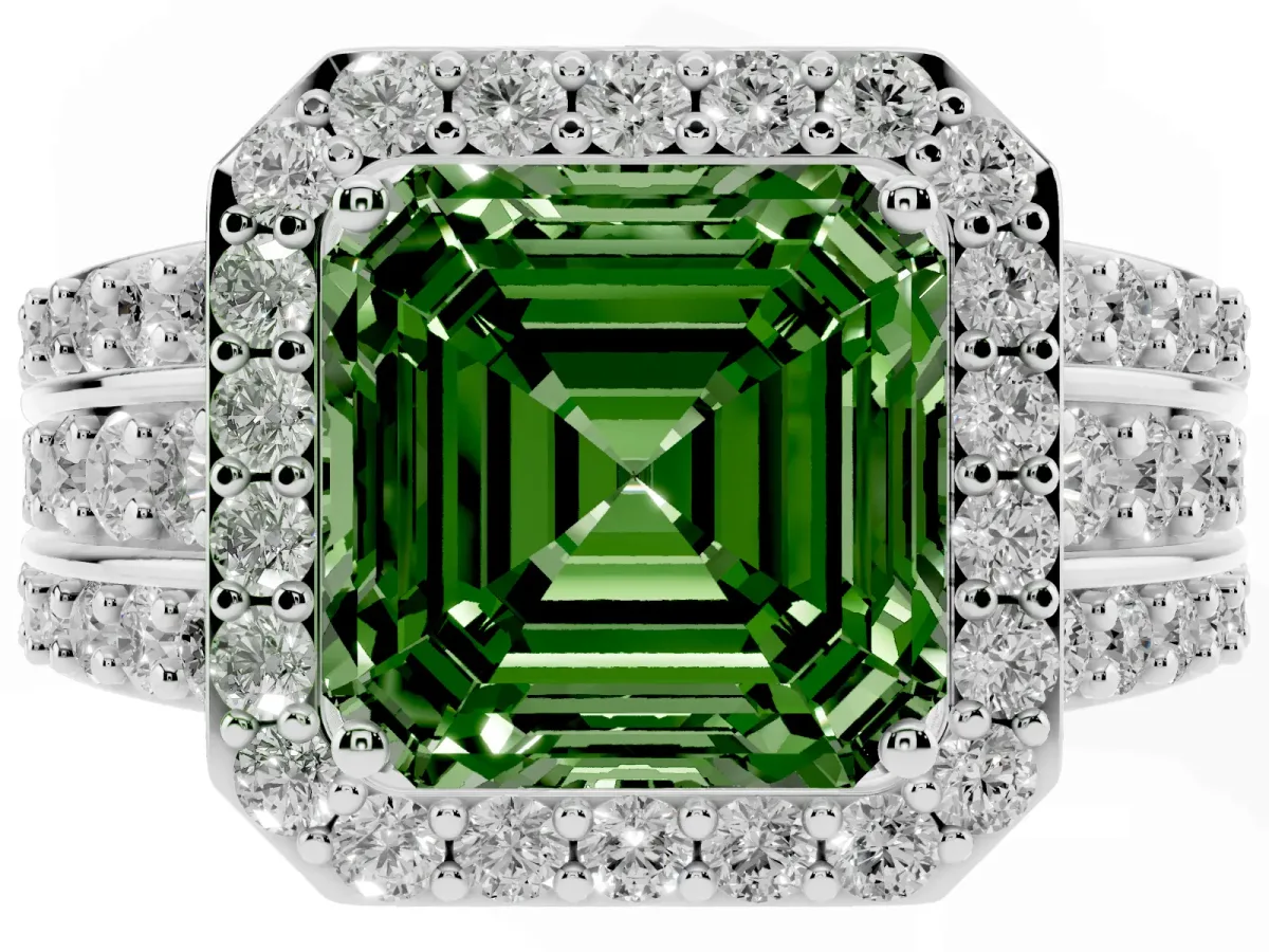 Fancy Green Asscher Cut Halo Diamond Ring with Round Split Shank and Prong Setting Silver