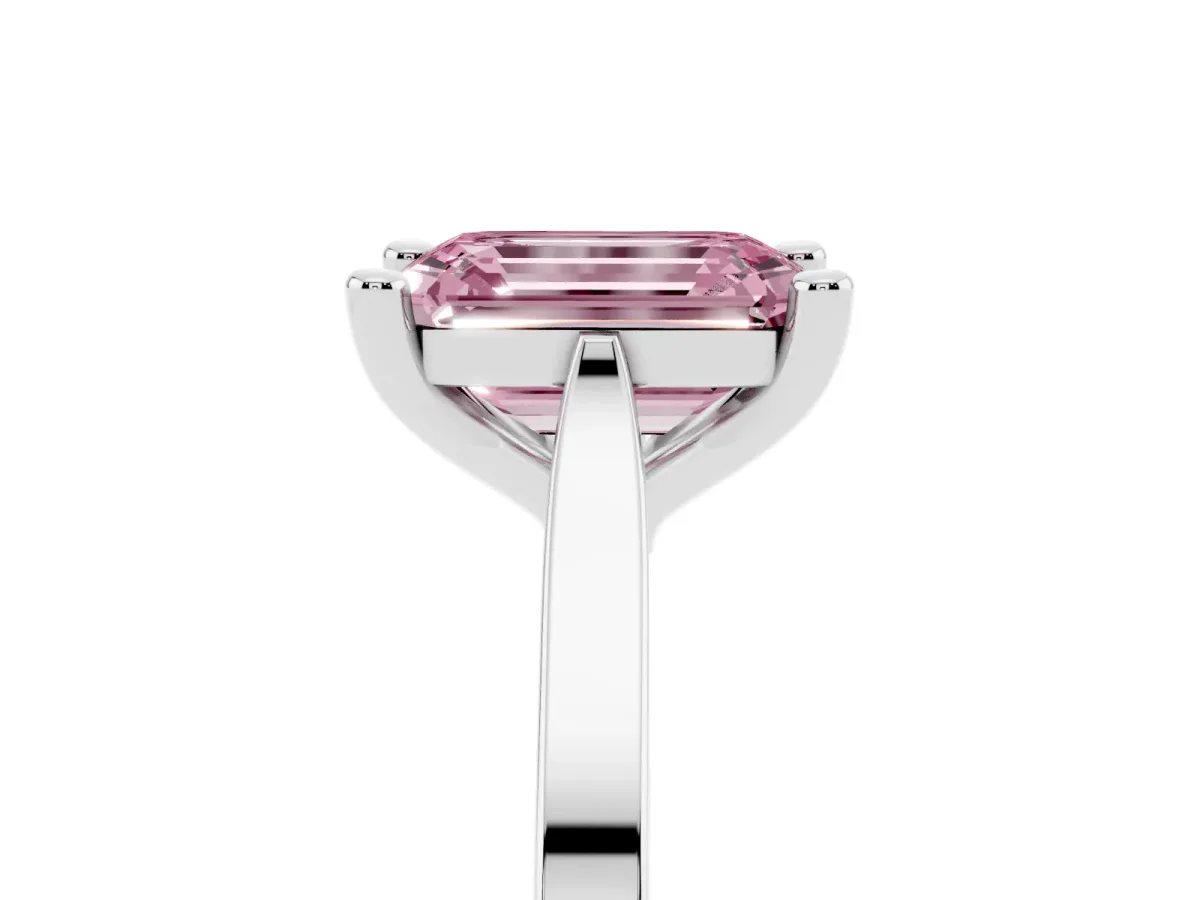 Fancy Pink Emerald Cut Solitaire Diamond Ring with Four-Prong Setting and Tapered Band Platinum