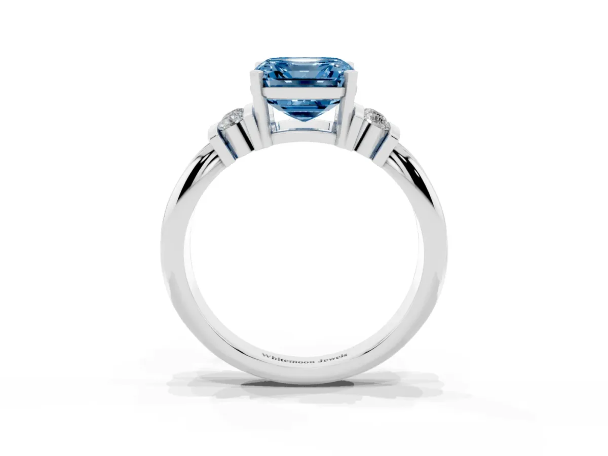 Fancy Blue Asscher Cut Cut Three-Stone Channel Set Ring with Bar Prongs Silver