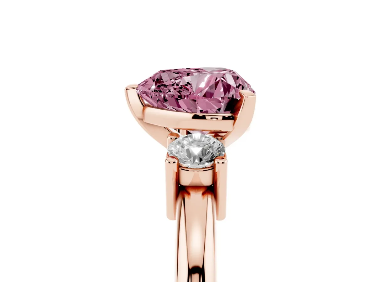 Fancy Pink Three-Stone Heart Cut Cut Diamond Solitaire with Prong Setting and Classic Band Rose gold