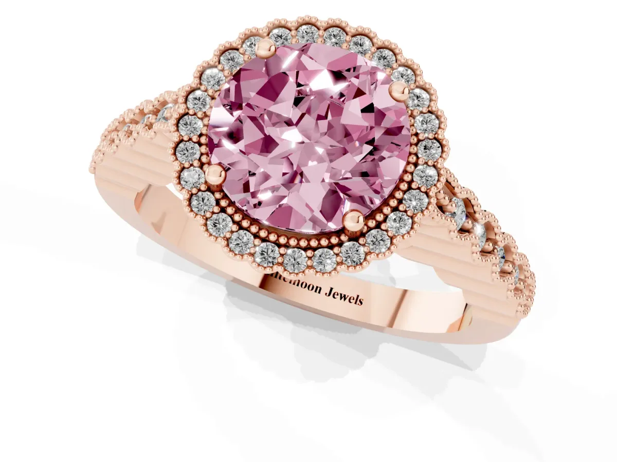 Fancy Pink Round Cut Cut Halo Pavé Solitaire Ring with Milgrain Band Rose gold