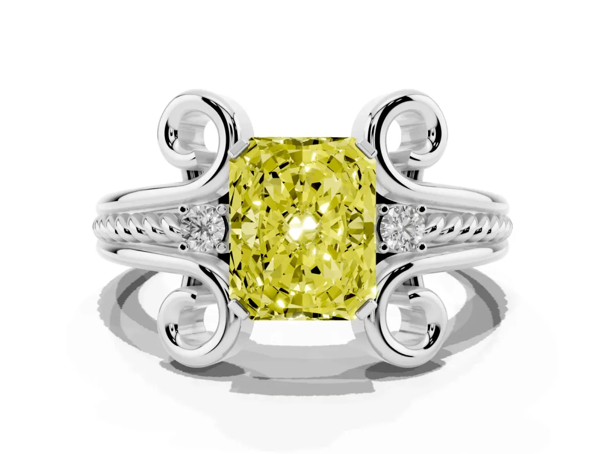 Fancy Yellow Radiant Cut Solitaire Twisted Band Scroll Prong Ring Platinum