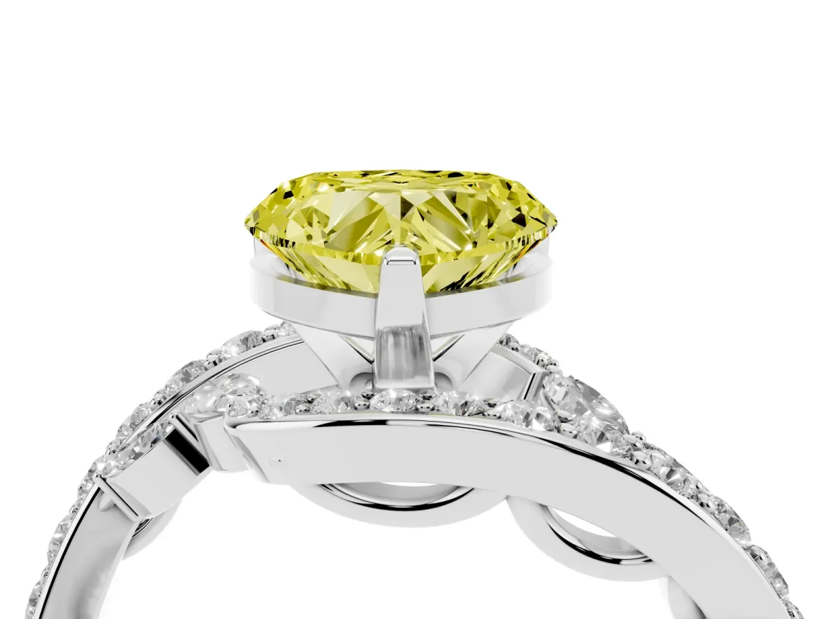 Fancy Yellow Heart Cut Solitaire with Pavé Twist Band and Four-Prong Setting Platinum
