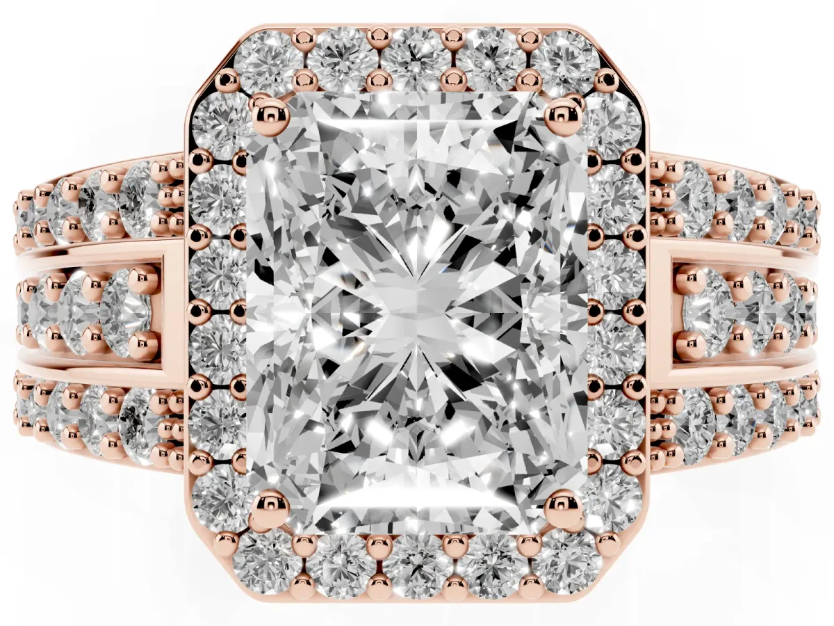 Radiant Cut Halo Diamond Ring with Round Split Shank and Prong Setting Rose gold