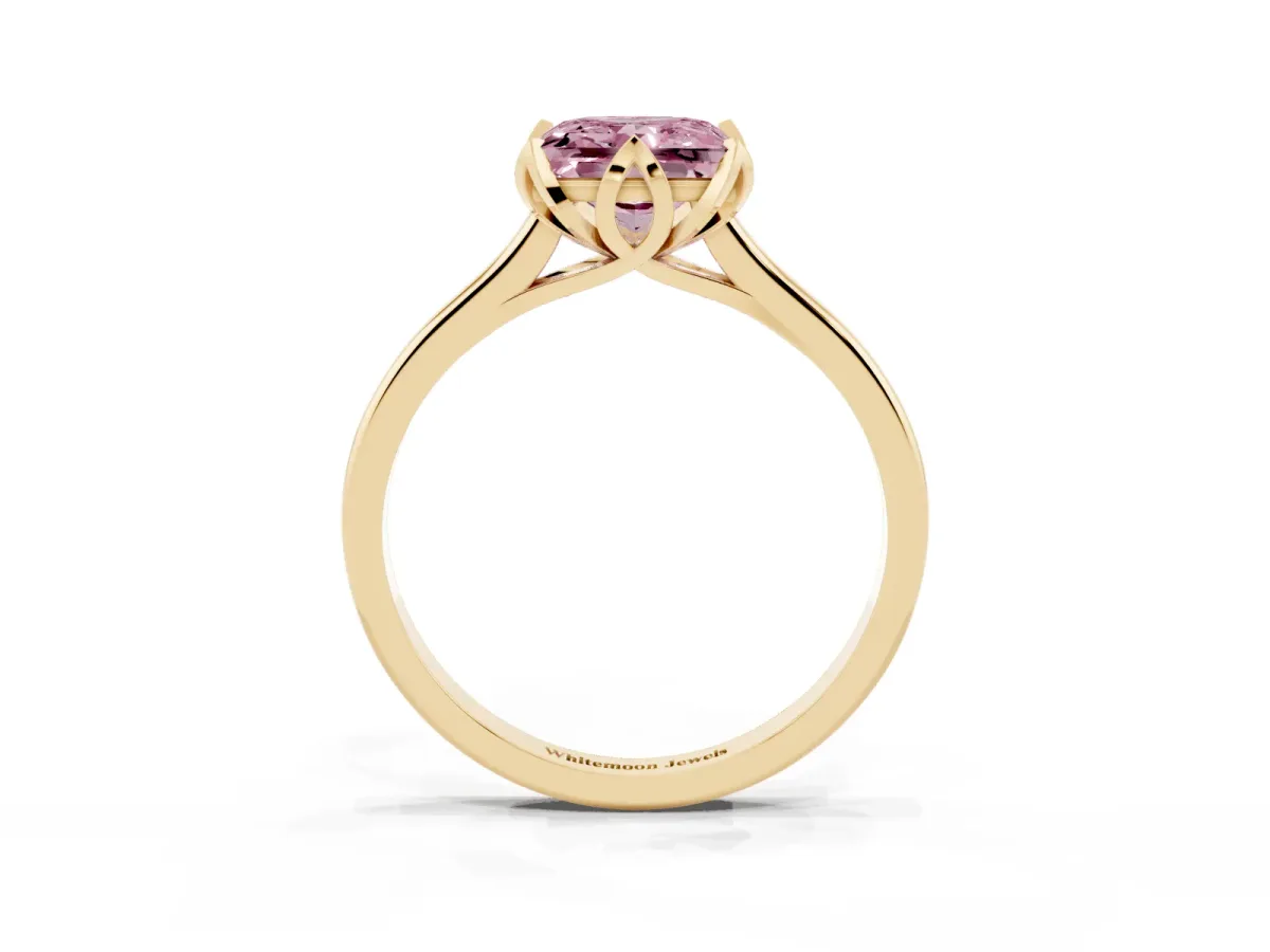 Fancy Pink Princess Cut Diamond Solitaire Ring with Flower Prong Setting and Classic Band Yellow gold