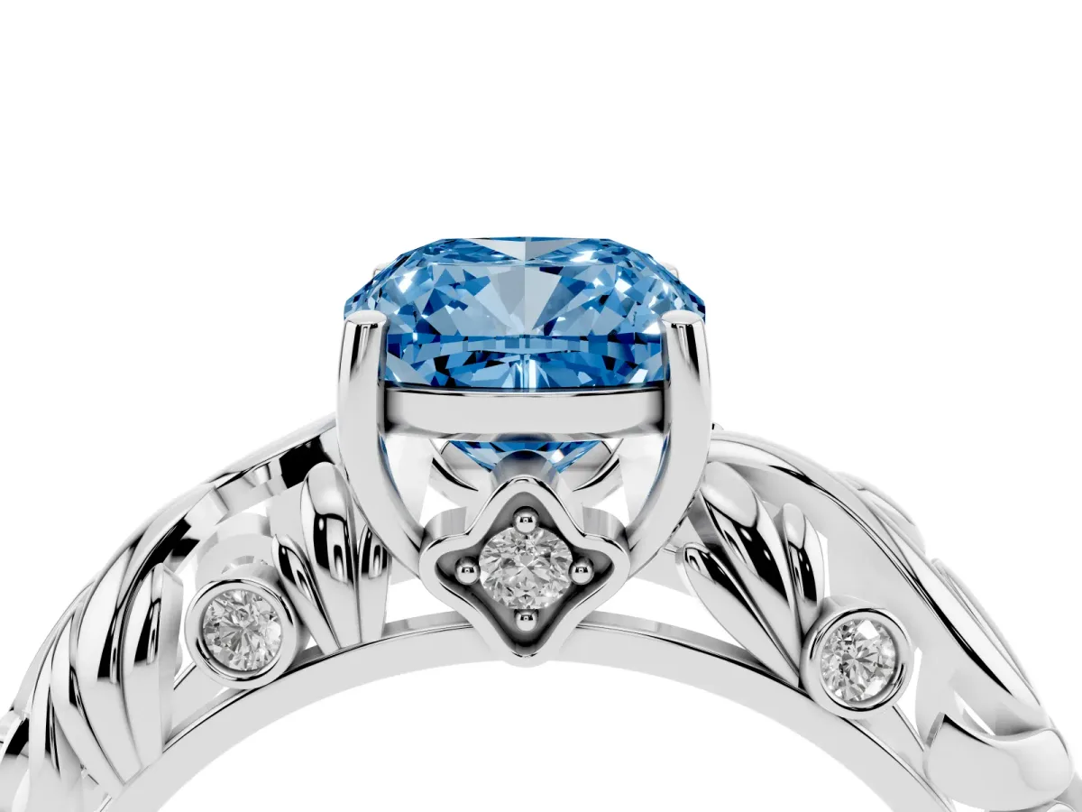 Fancy Blue Cushion Cut Solitaire Diamond Leaf-Inspired Vine Band Ring with Prong Setting Silver