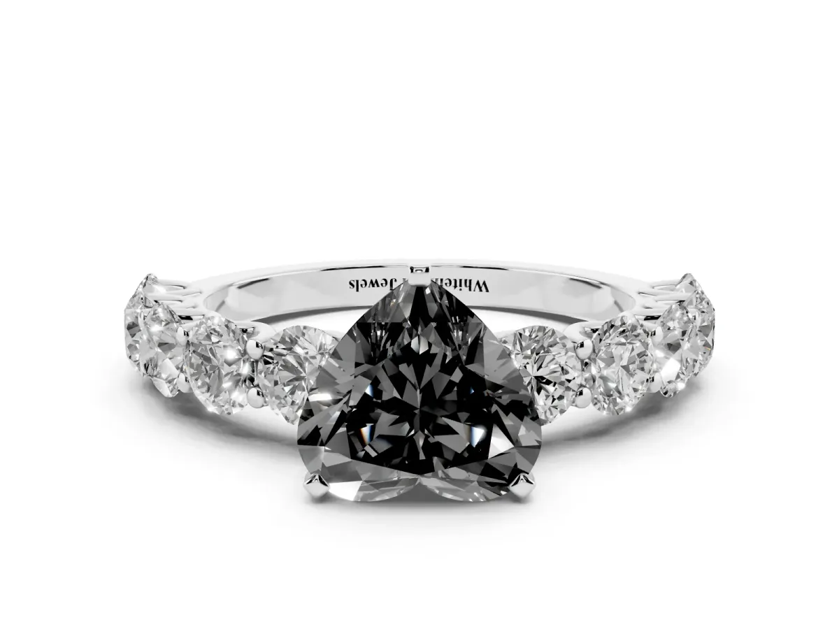 Fancy Black Heart Cut Diamond Prong Setting with Side Stones on a Pave Band Silver