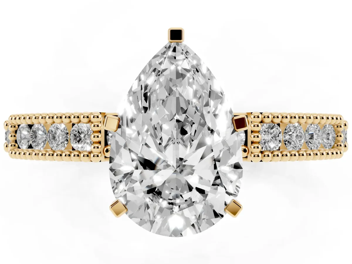 Pear Cut Solitaire with Pavé Band and Four-Prong Setting Yellow gold
