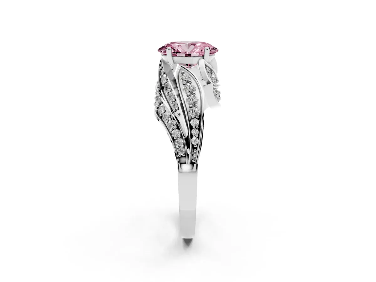 Fancy Pink Oval Cut Diamond Solitaire Ring with Prong Setting and Twisted Pavé Band Silver