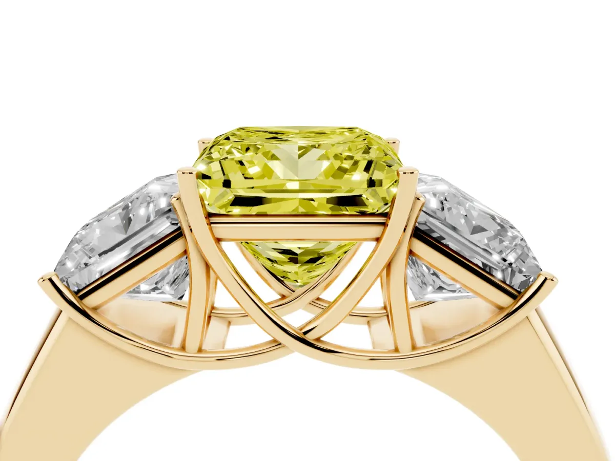 Fancy Yellow Three-Stone Princess Cut Cut Diamond Ring with Prong Setting and Classic Band Yellow gold