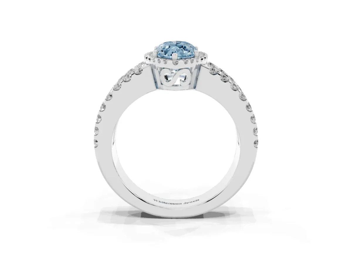 Fancy Blue Marquise Cut Cut Halo Split Shank Diamond Ring with Four-Prong Setting Platinum