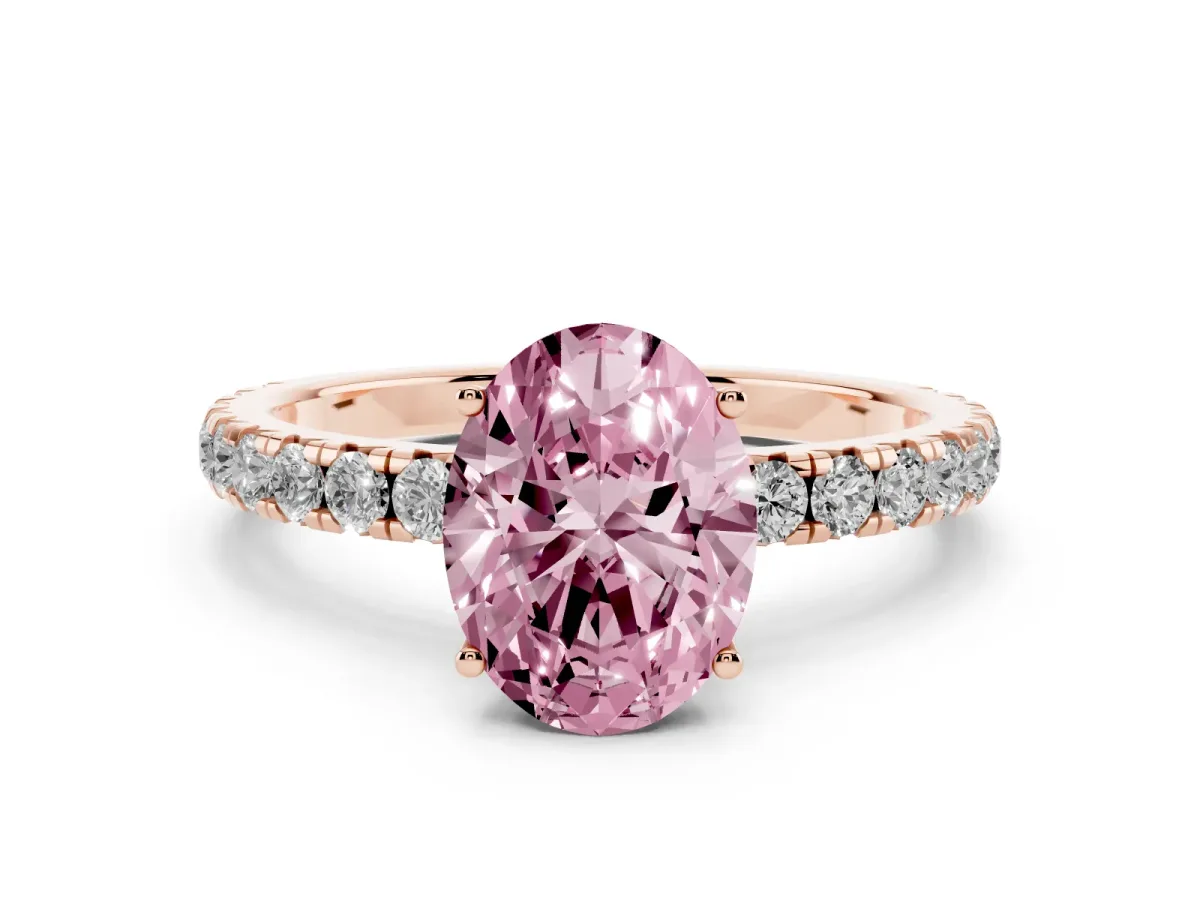 Fancy Pink Oval Cut Diamond Pavé Solitaire Engagement Ring with Four-Prong Setting Rose gold
