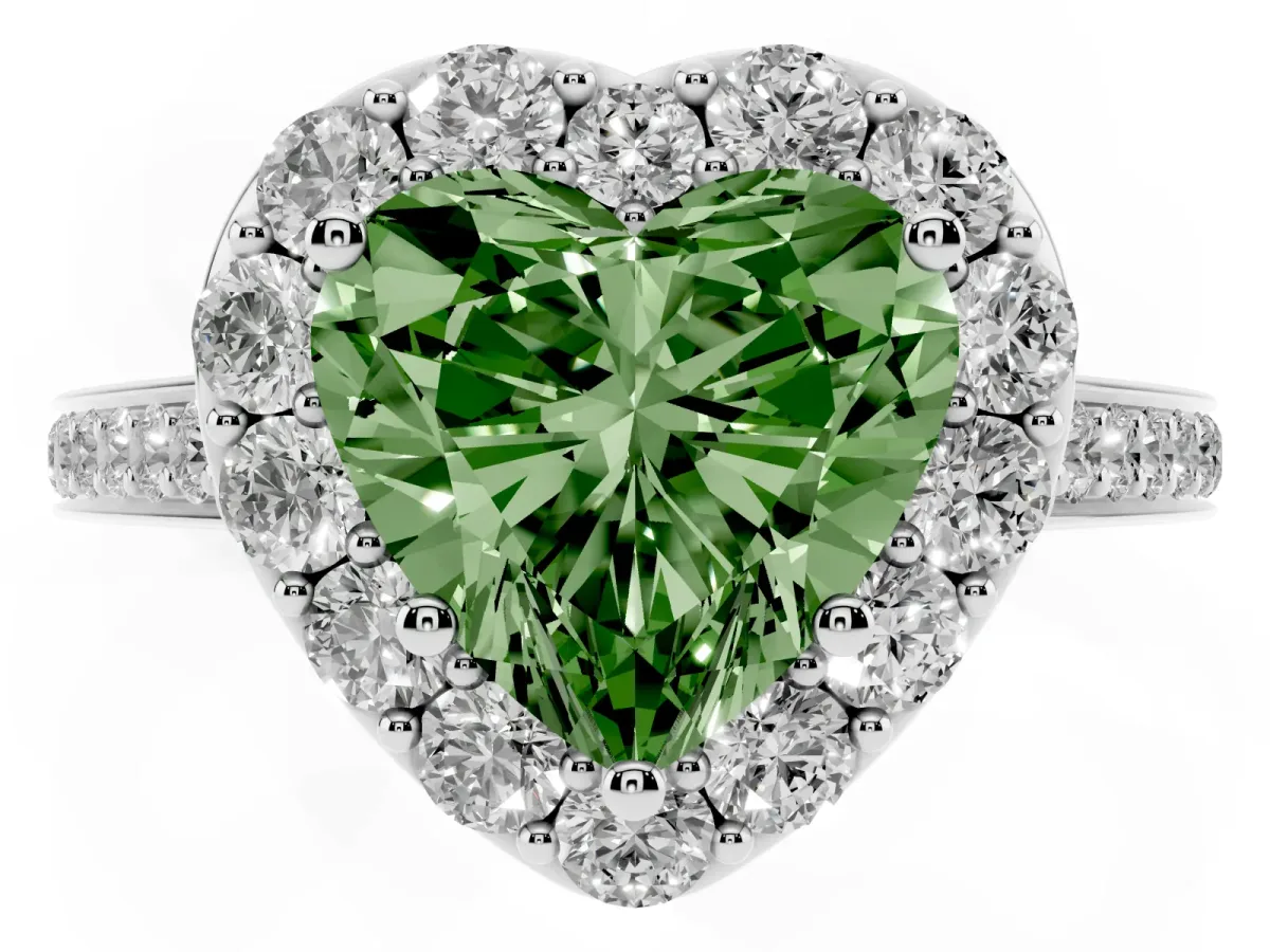 Fancy Green Heart Cut Diamond Floral Halo Ring with Pavé Band and Prong Setting Platinum