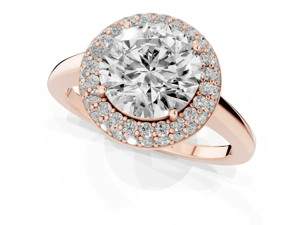 Round Cut Halo Diamond Engagement Ring with Solitaire Band and Four-Prong Setting Rose gold