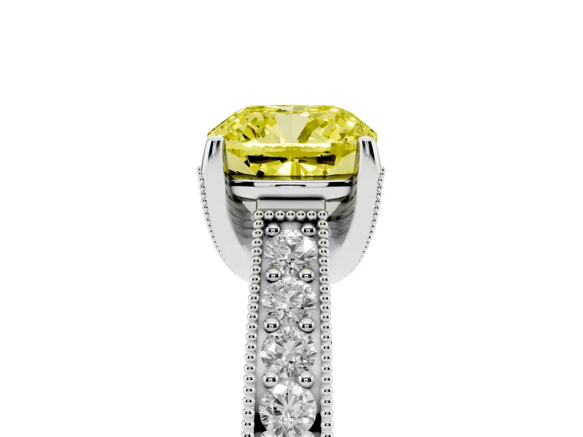 Fancy Yellow Cushion Cut Cut Diamond Solitaire Ring with Milgrain Pave Band and Four Prong Setting Silver