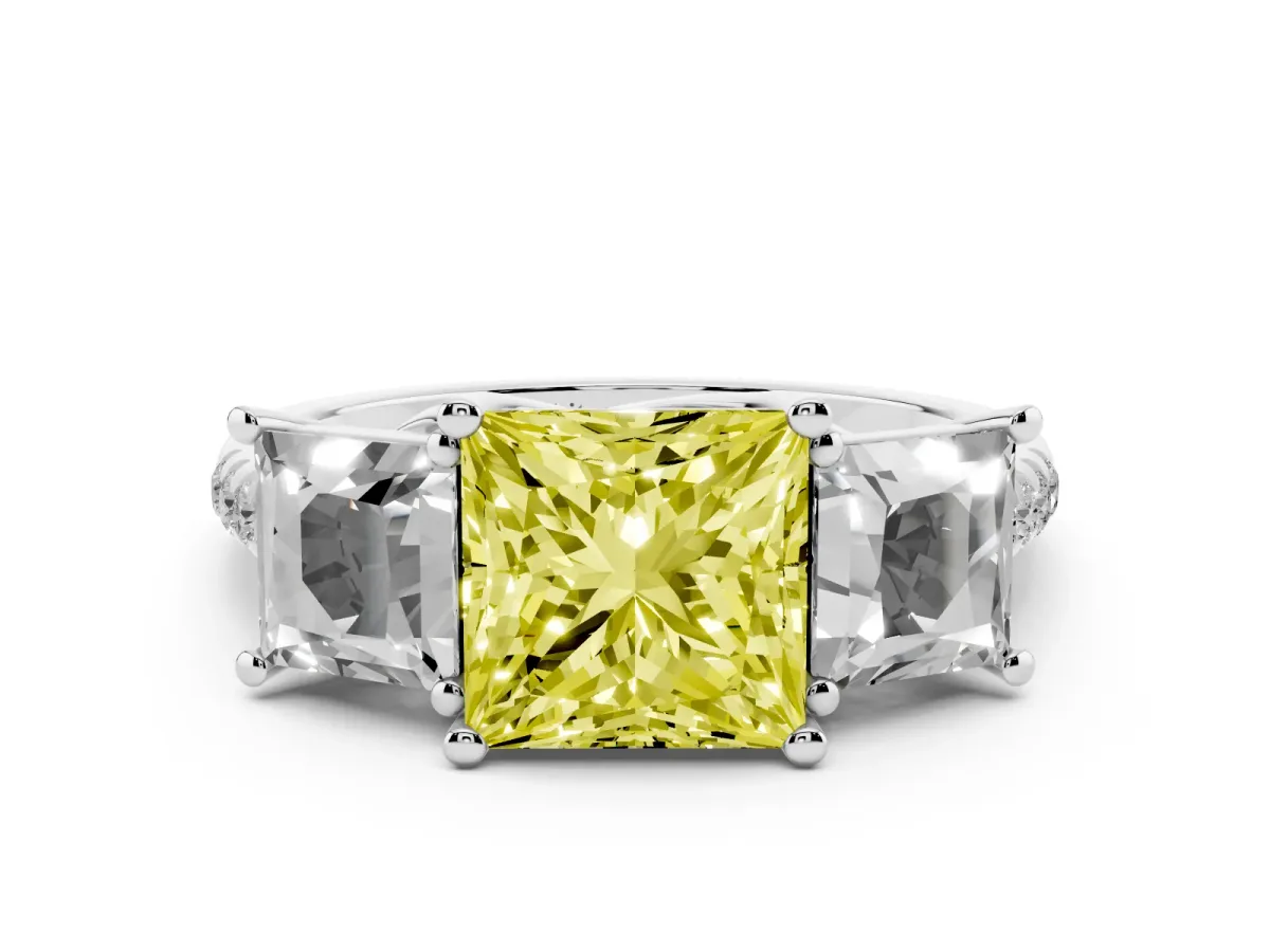 Fancy Yellow Three-Stone Princess Cut Diamond Ring with Round Pavé Band and Prong Setting Silver