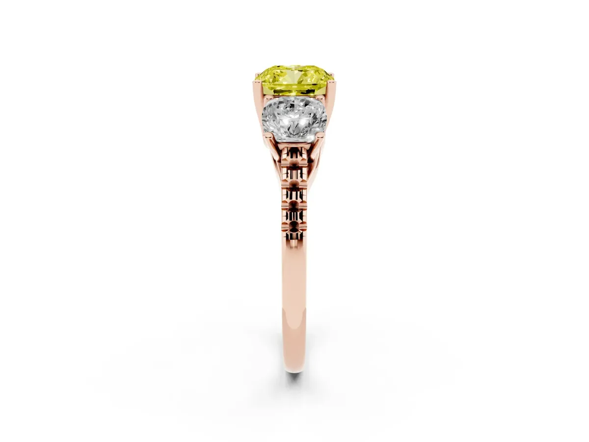 Fancy Yellow Three-Stone Cushion Cut Diamond Ring with Round Pavé Band and Prong Setting Rose gold