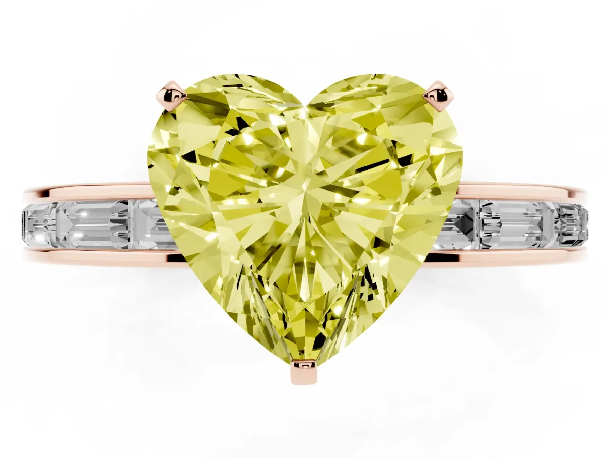 Fancy Yellow Heart Cut Solitaire Diamond Ring with Channel-Set Baguette Band and Four-Prong Setting Rose gold